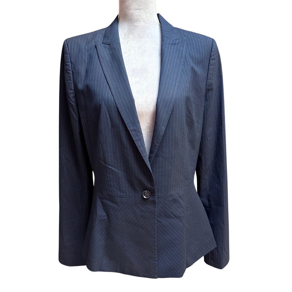 Banana Republic Pinstripe Blazer Navy Blue 12 Tall Peplum Stretch Office Chic